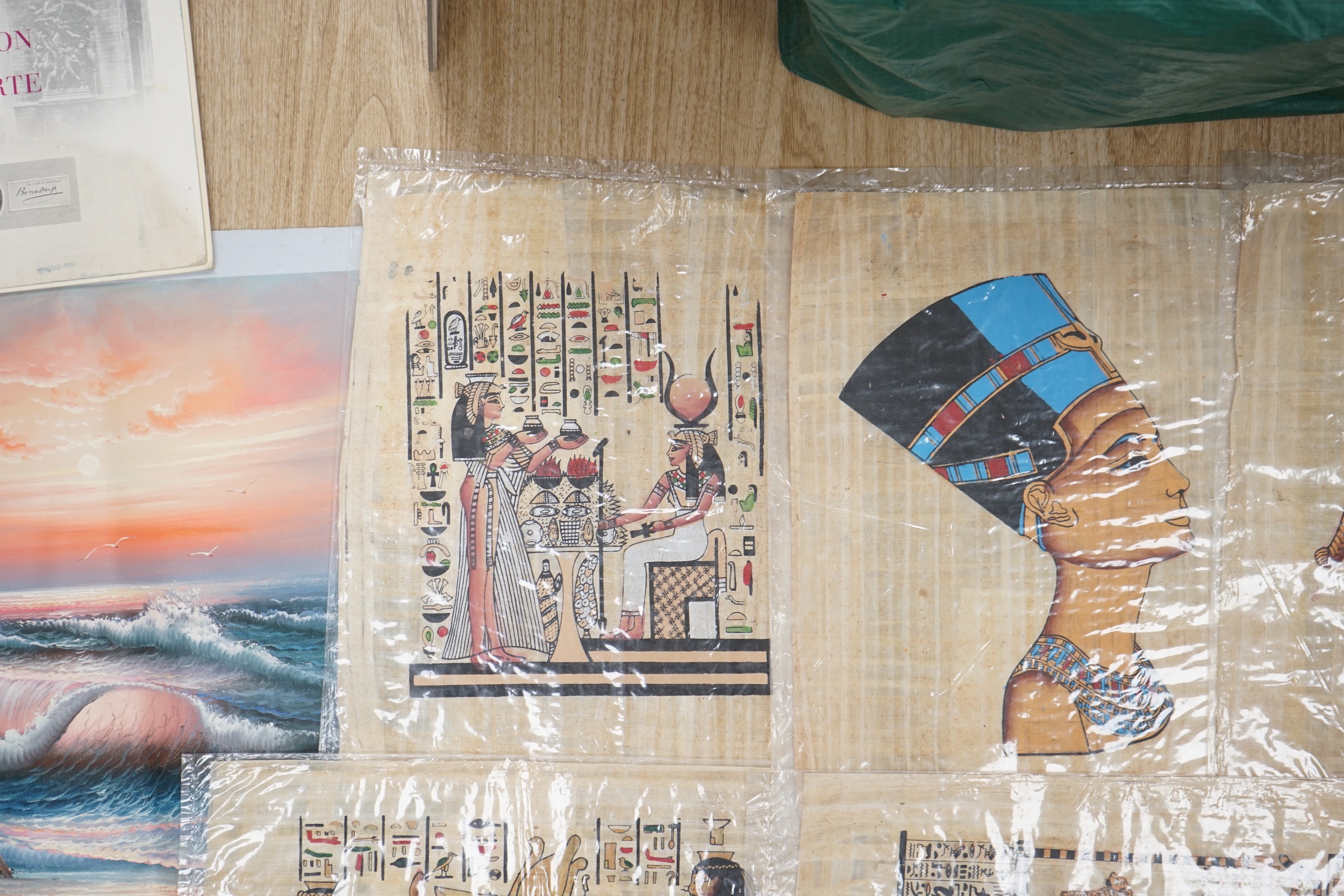 A group of assorted pictures and prints including Egyptian papyrus paintings, 41 x 33cm